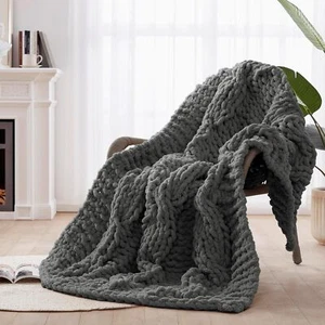New-Chunky Knit Blanket Throw - 100% Hand Knitted Chunky Throw Blanket for Couch - Picture 1 of 6