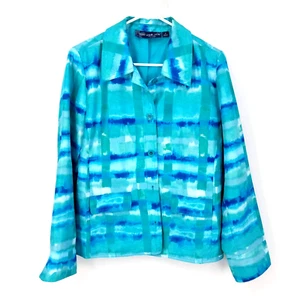 Susan Graver Tie Dye Button Front Blazer Jacket Turquoise Blue Women's Size S - Picture 1 of 5