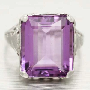 Antique Art Deco Solitaire Amethyst Cocktail Ring- 14k White Gold - Size 4.25 - Picture 1 of 6