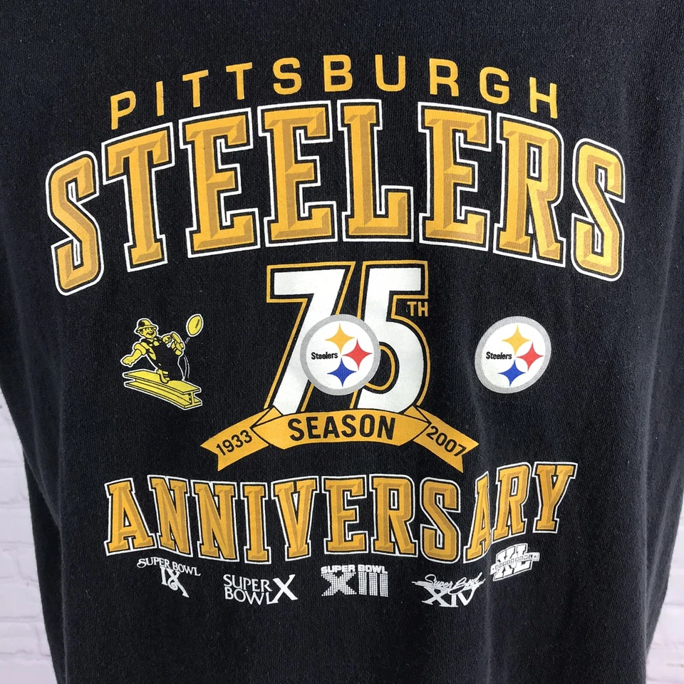 Camiseta Reebok Pittsburgh Steelers Juvenil XL Negra 2007 Gráfica Temporada 75 Foto 1 de 4