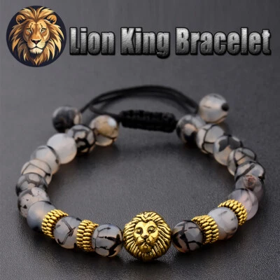 Men Lion Head Charm Healing Crystal Stress Relief Energy Stone Beaded Bracelets - Image 1 of 4