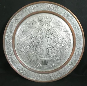 Antique Signed Tinned Copper Persian Repose Tray Floral Urn Peacocks & Cranes - Picture 1 of 12