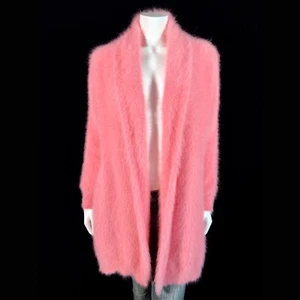 70% Angora Fuzzy Pink Open-Front Shawl Collar Duster Cardigan Sweater 36 in bust - Picture 1 of 10