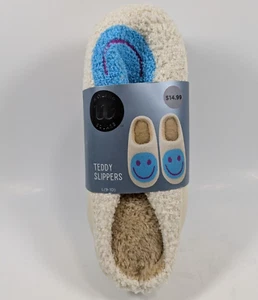 Wayland Square Teddy Slippers Blue Smiley Face Women’s Size Large (9-10) New - Picture 1 of 3