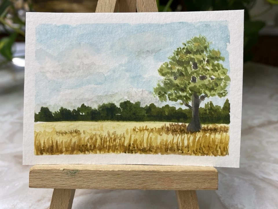 ACEO Original Watercolor Landscape Summer Wheat Field 2.5”x 3.5” by Pamela Long - Image 1 of 1