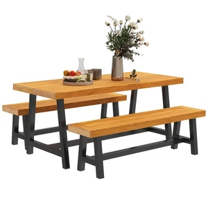 Sitzgruppe 3-teilig Holz Essgruppe für 4 Personen Esstisch mit 2 Bänke Teak - Bild 1 von 10