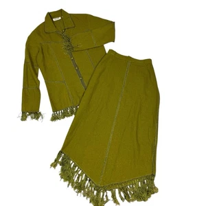 Selene Leinenmischung Rock Top Outfit Oliv Damen Größe S Fransen Knopf Midi Vintage - Bild 1 von 18