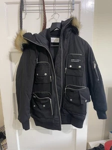 The Kooples Sport Logo Faux Down Fur Hooded Bomber Jacket Padded Black Coat 1/ S - Picture 1 of 6