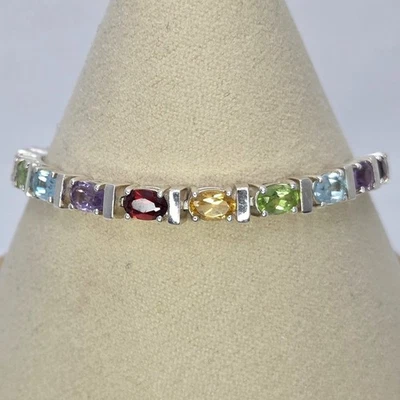 Brazalete de plata de ley con múltiples piedras preciosas arco iris colorido estilo tenis 17 g 7,5" Foto 1 de 4