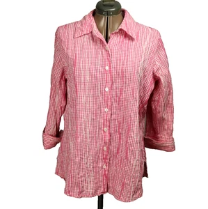 Coldwater Creek Gingham Plaid Micro-Pleat Button Shirt 3/4 Sleeve Pink White 1X - Picture 1 of 24
