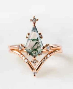 Conjunto de anillo de boda de plata de ley 925 de ágata de musgo verde anillo de aniversario - Imagen 1 de 3