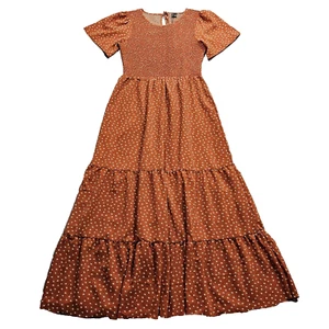 Vestido Kranda Cintura Ajustada Mujer Mediano Naranja Calicó Cuello Corbata Dobladillo Crudo en Niveles - Imagen 1 de 17