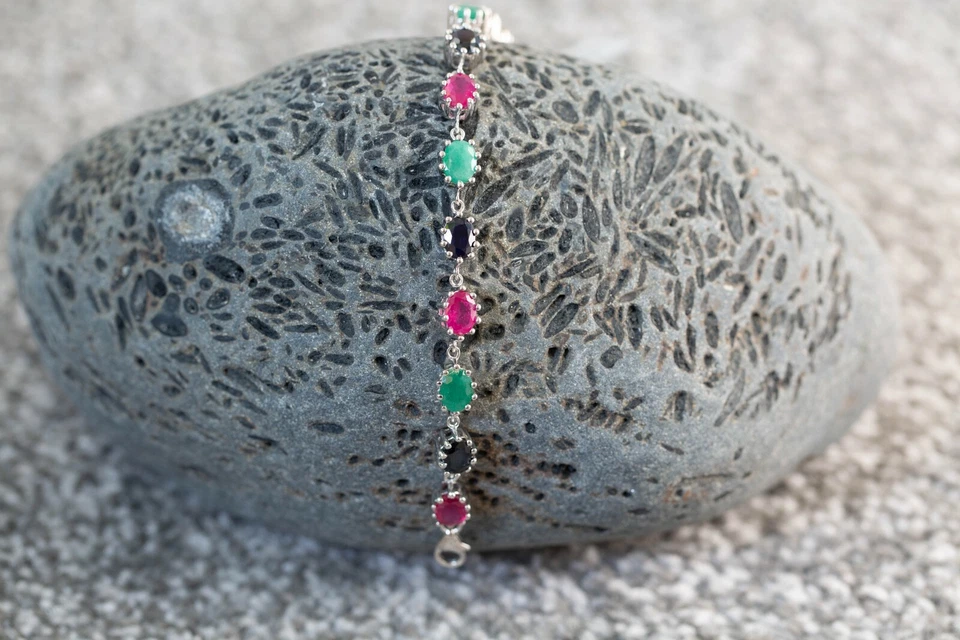 Ruby, Blue Sapphire & Emerald Sterling Silver Bracelet - Image 1 of 1