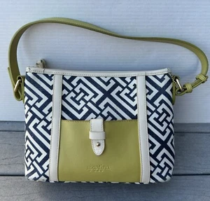 Spartina 449 Linen Canvas Leather Handbag Purse Tote Bag Blue Green White - Picture 1 of 13