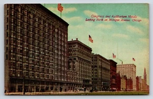 Postcard Congress and Auditorium Hotels Looking North on Michigan Avenue Chicago - Picture 1 of 2