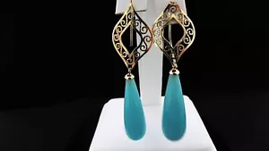 18k YELLOW GOLD DROP EARRINGS WITH BRIOLET TURQUOISE, 2.5 INCHES LONG. - Picture 1 of 2