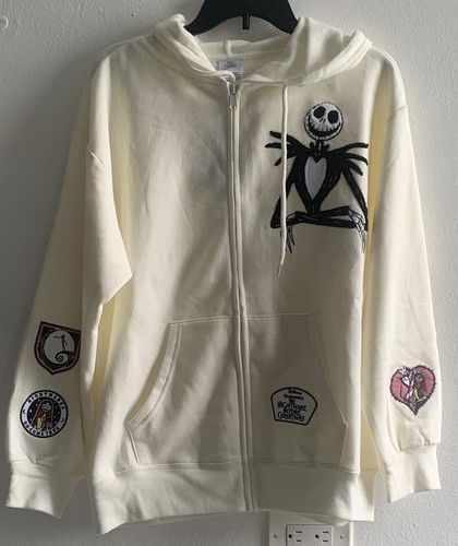 OFF WHITE FELPA CON CAPPUCCIO ZIP NUOVA CON ETICHETTE M NIGHTMARE BEFORE CHRISTMAS JACK SKELLINGTON DISNEY con TOPPE
