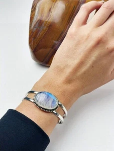 Lush Rainbow Moonstone Gemstone 925 Sterling Silver Handmade Bracelet Cuff S-43 - Picture 1 of 5