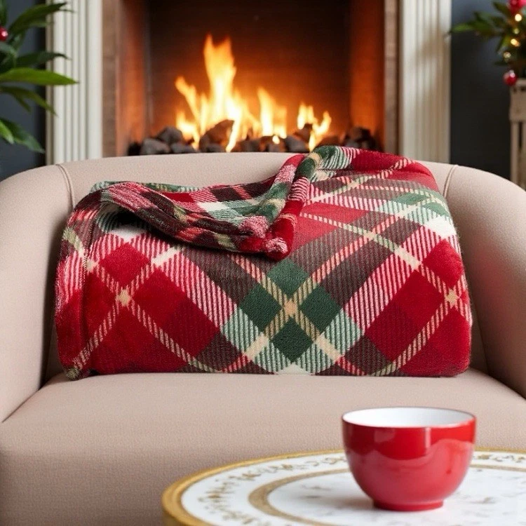 Throw Blanket Christmas Holiday Plaid Oversized Plush 60x72 Red Green - Image 1 of 1