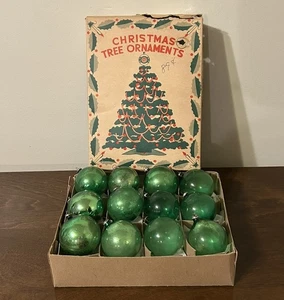 VTG 1950s Box (12) Japan Green Glass 55mm Bulbs Christmas Tree Ornaments CIB - Picture 1 of 13
