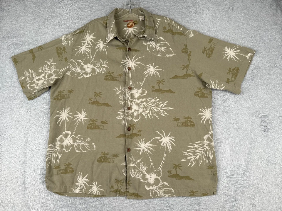 Camisa Caribeña Para Hombre Extra Grande Verde Floral Palma Cabaña Algodón Seda Hawaiana Foto 1 de 4