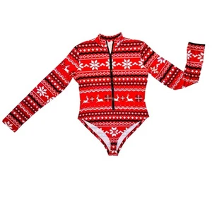 Bodysuit Winter Pajamas Womens Large Red White Mock Turtleneck Holiday Sexy NICE - Picture 1 of 12