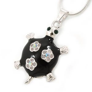 Black Enamel, Crystal Turtle Pendant With Silver Tone Snake Type Chain - 42cm L - Picture 1 of 4