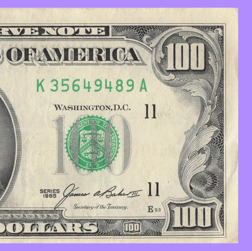 1985 100$ Dollar Bill 9.6 Micro Run Total Short Total Run K35649489A Ink Transfe - Image 1 of 4