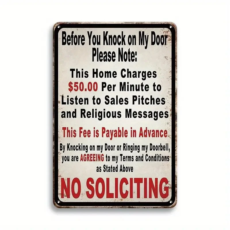 No Soliciting Sign Metal Aluminum 8"x12" Home Charges Per Minute Funny Sarcastic - Image 1 of 1