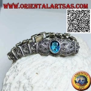 Bracciale in Argento 925‰ topazio blu ovale grande centrale e marcassite - Foto 1 di 2