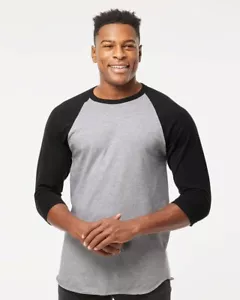 Tultex Unisex Fine Jersey Raglan T-Shirt Baseball Shirt Heather Grey/ Black S - Picture 1 of 4