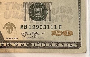 20 $ Zwanzig Dollar Schein ~ 31.11.1990 ausgefallene Seriennummer Geburtstagsschein ~ Quad - Bild 1 von 8