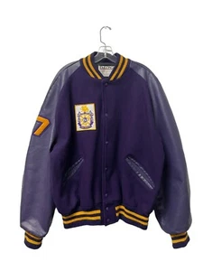 VTG DeLONG Varsity Jacket York Institute JROTC Purple Leather Wool Mens XL - Picture 1 of 6