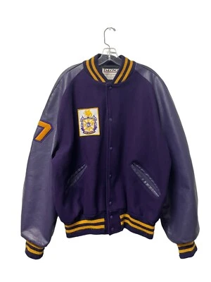 VTG DeLONG Varsity Jacket York Institute JROTC Purple Leather Wool Mens XL - Image 1 of 4