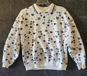 Bolo Spirit Collared Sweatshirt Long Sleeve White w Hearts Womens M Vintage - Picture 1 of 7