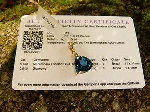 Gemporia 9ct Yellow Gold 5.69cts London Blue Topaz & Diamond Pendant BNWT - Picture 1 of 4