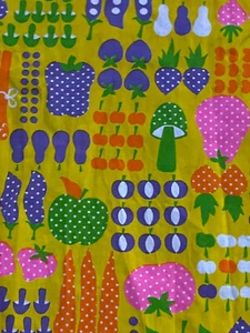 Vintage 70’s Yellow Mushroom Fruit Vegetable Marcus Brothers Fabric 51”x43” - Picture 1 of 6