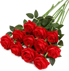 Red Roses Artificial Flowers 10 Pcs Silk Roses with Stems for Home Wedding Decor - Picture 1 of 12