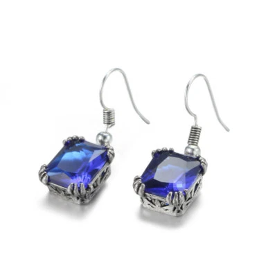 Vintage Solid Silver Rectangle Swiss Blue Topaz Gemstone Dangle Hook Earrings - Image 1 of 4