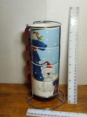 Juego de 4 tazas apilables para perros de Navidad en estante de alambre Foto 1 de 4