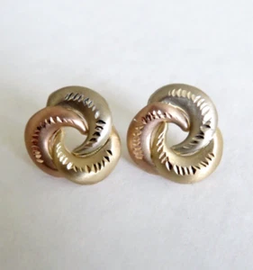 Vtg  14k Tricolor Rose Gold JMC Irish Celtic Trinity  Knot Stud Pierced Earrings - Picture 1 of 11