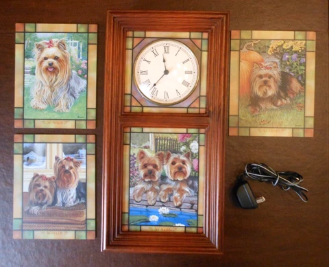 Danbury Mint The Yorkie Dog Stained Glass Light Up Wall Clock & 4 Seasons Glass Cover