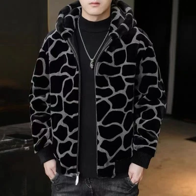 Winter Casual Men's Jacket Fur Coat Fashion Short Hooded Thick Warm Fur Sweater - Image 1 of 4