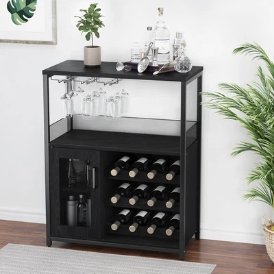 3 Tier Wine Bar Cabinet with Glass Rack & Storage Shelves for Home Kitchen Black - Image 1 of 4