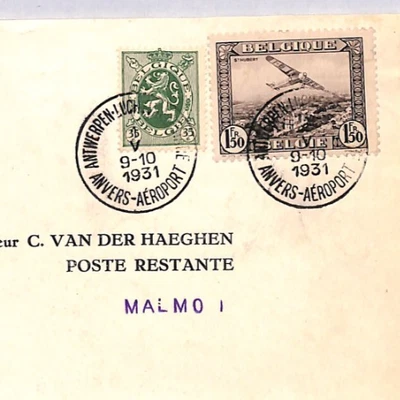 BELGIUM Air Mail 1931 Cover FIRST FLIGHT Antwerp-Malmo ANVERS AEROPORT CDS YG342 - Image 1 of 4