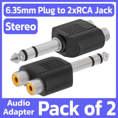 CMPLE 2 Pack 6.35mm Male Plug to 2RCA Female Jack Adapter Mono Audio Straight Splitter