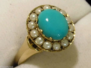 R309 Genuine 9ct 9K Yellow Gold Natural Turquoise & Pearl Oval Cluster Ring - Picture 1 of 10