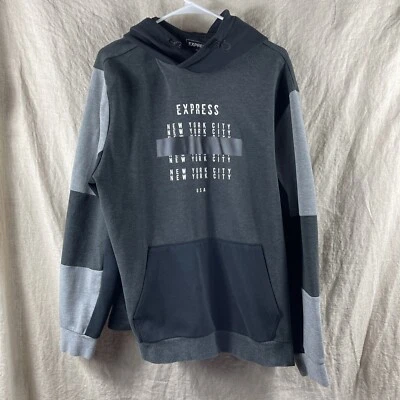 Express Men's Black & Gray Long Sleeve Hooded NYC Logo Sweatshirt Size XL - Image 1 of 4