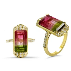 Water Melon Tourmaline Emerald Cut 5.92 Ct Ring In 14k Gold In Diamonds (54931) - Picture 1 of 5
