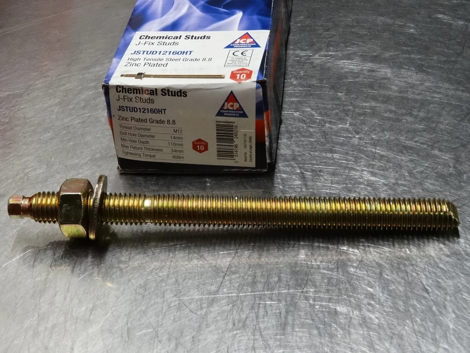 JCP M12 x 160mm RESIN ANCHOR STUDS, 8.8 high tensile steel chemical concrete fixing